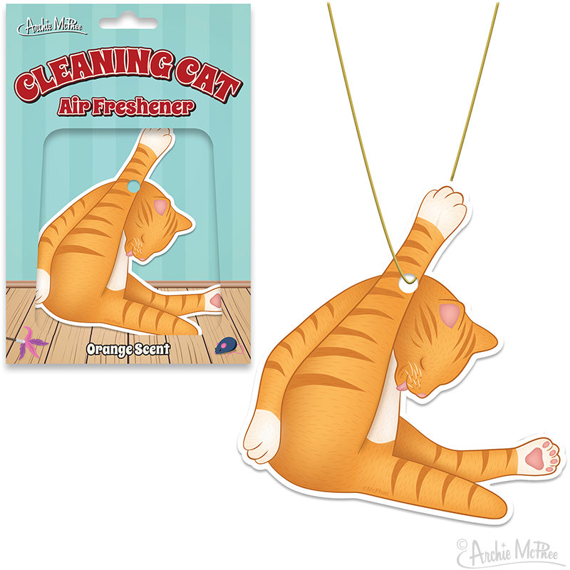 Cleaning Cat Air Freshener with orange-scented cartoon cat in grooming pose, packaged and as hanging cardstock cutout, for car odor control