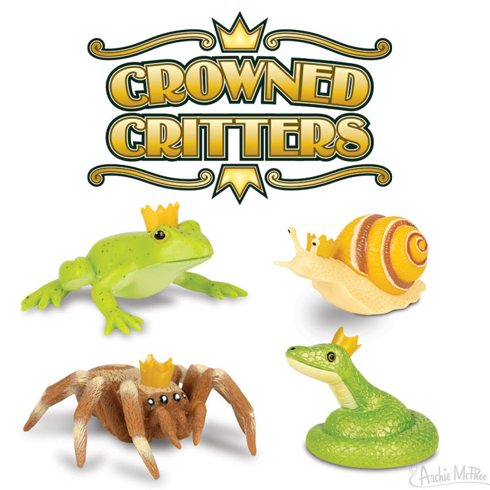 Crowned Critters logo with four royal forest creatures: a green frog, yellow snail, brown spider, and green snake, each wearing a golden crown. Colorful vinyl toys for playful decoration and collectibles.