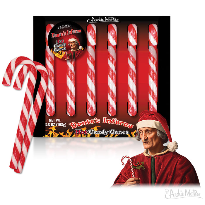 Dante's Inferno Candy Canes packaging with red and white striped canes, fiery logo, and illustration of medieval figure holding a candy cane. Product box displays six spicy holiday treats inspired by literary hell theme.