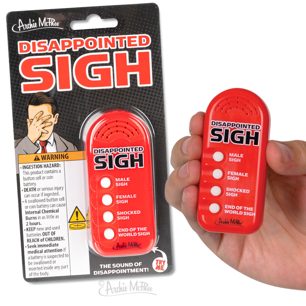 Red noisemaker device labeled "Disappointed Sigh" with buttons for different sigh types, shown in packaging and held in hand. Features cartoon of frustrated man and warning label. Humorous novelty product for expressing dismay electronically.