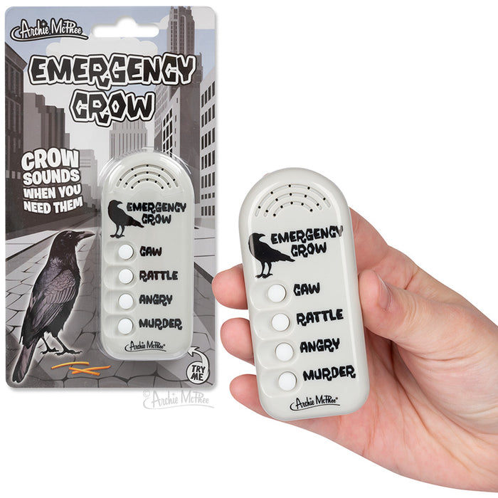 Emergency Crow Sounds electronic noisemaker with four buttons for different crow calls, shown in packaging and held in hand. Device features caw, rattle, angry, and murder sounds, with crow silhouette design on white plastic casing.