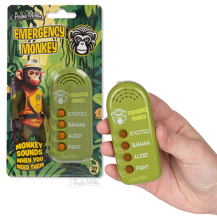 Emergency Monkey Sounds electronic device with four buttons for different monkey noises, shown in packaging and held in hand, featuring jungle-themed design and cartoon monkey illustrations