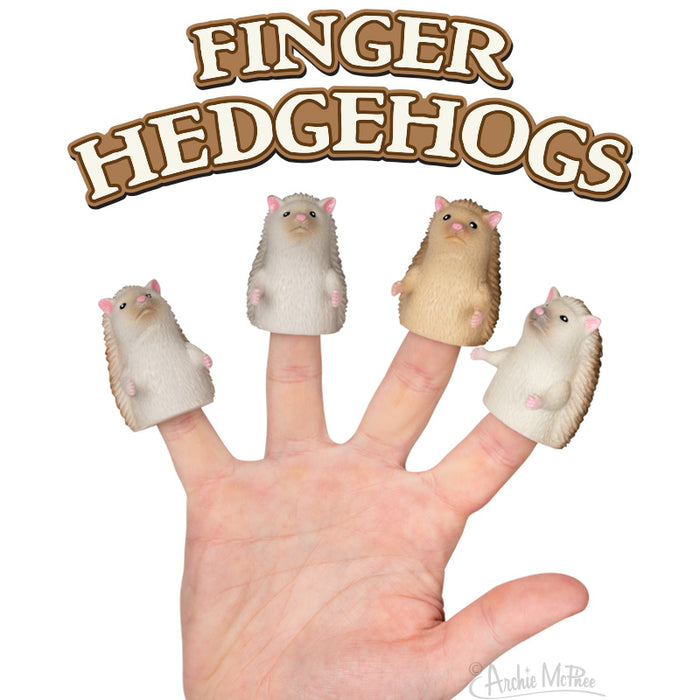 Set of four adorable finger hedgehog puppets in various colors, worn on a hand against a white background. Product title "Finger Hedgehogs" in brown text above.