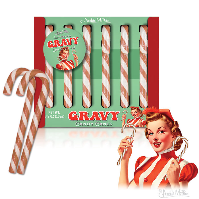 Box of Gravy Candy Canes with brown and white stripes, featuring retro-style packaging and illustration. Six candy canes visible in green box with red trim. Unique holiday treat concept combining savory gravy flavor with traditional candy cane shape.