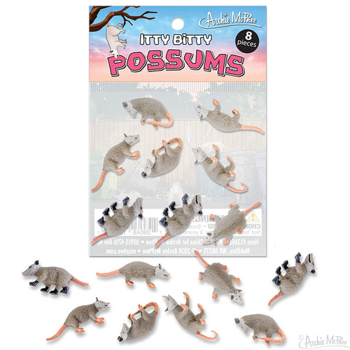 Presenting "Itty Bitty Possums," a set of eight mini figures showcasing possums in different poses. Ideal for building your own possum army, these tiny collectibles highlight the charm of possums playing dead and other iconic stances.