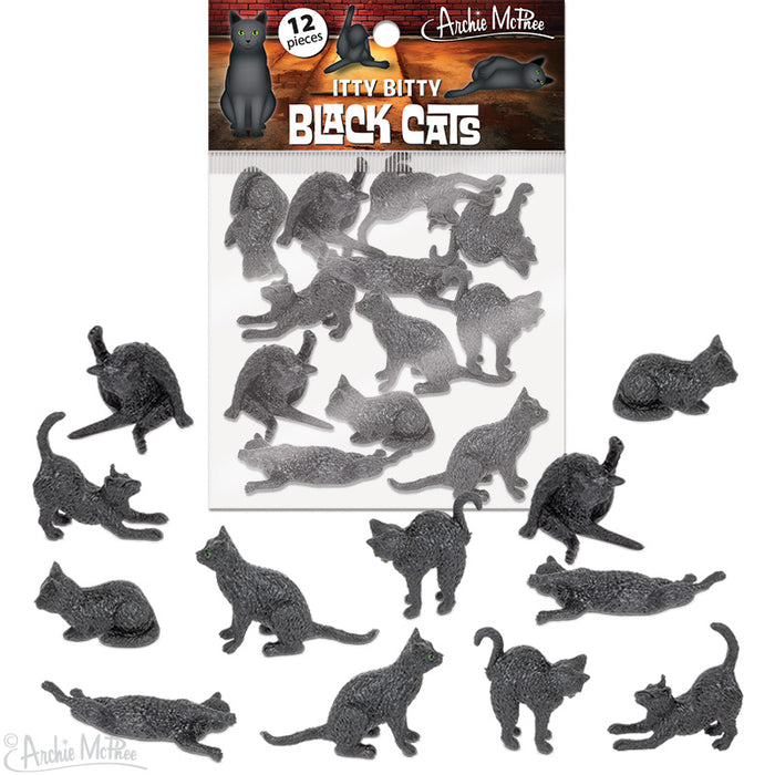 Assortment of 12 miniature black cat figurines in various playful poses, packaged in a clear bag with product label showcasing larger cat silhouette. Cats range from sitting to stretching, with detailed textures visible on their tiny forms.