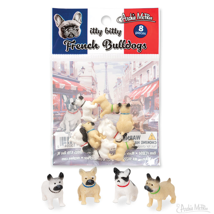 Itty Bitty French Bulldogs miniature figurines set, 8 pieces in various colors and poses, displayed in packaging with Parisian backdrop and product details