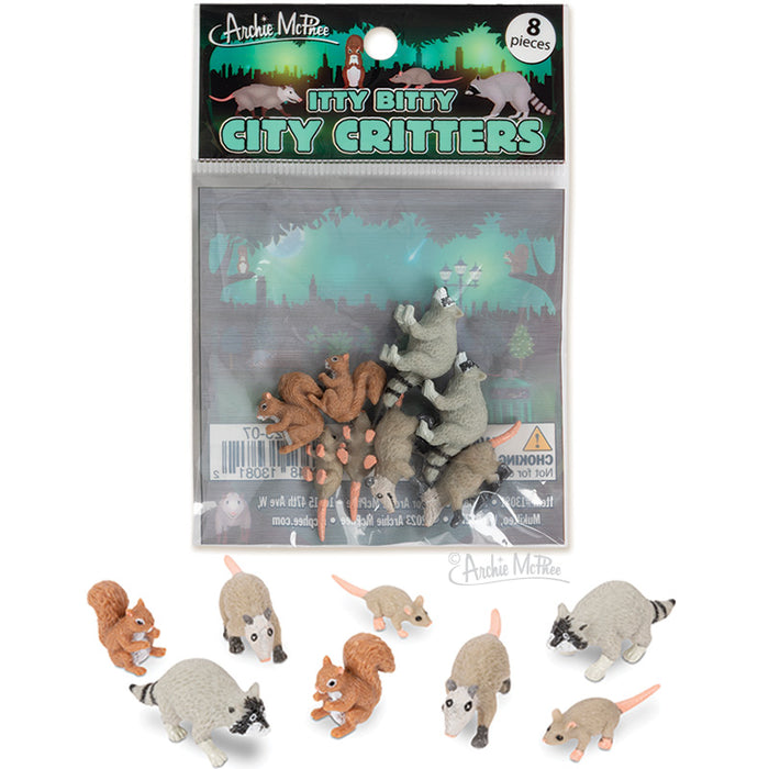 Bag of 8 miniature urban wildlife toys including squirrels, raccoons, possums, and rats with city skyline packaging, showcasing Itty Bitty City Critters collection for animal lovers and collectors