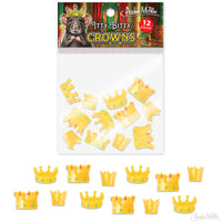 Bag of 12 miniature golden crowns for toys and action figures, displayed in packaging with product image featuring a rodent wearing a crown. Various crown styles shown inside and outside the package.