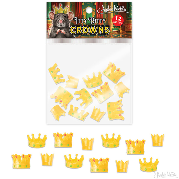 Bag of 12 miniature golden crowns for toys and action figures, displayed in packaging with product image featuring a rodent wearing a crown. Various crown styles shown inside and outside the package.