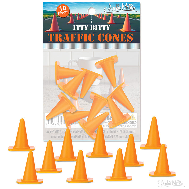 In this package, you'll find a set of 10 miniature orange traffic cones made from soft vinyl, known as Itty Bitty Traffic Cones.