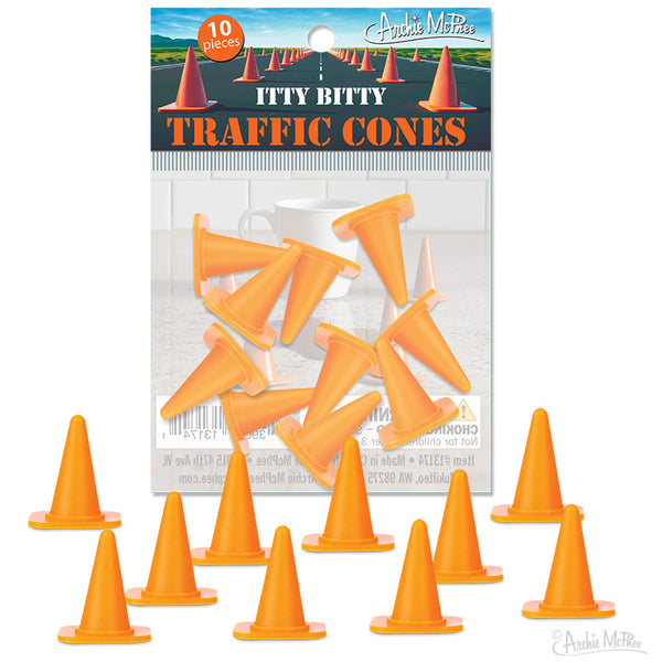 In this package, you'll find a set of 10 miniature orange traffic cones made from soft vinyl, known as Itty Bitty Traffic Cones.