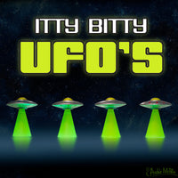 Four Itty Bitty UFO's glowing green with unique patterns beaming light in a dark starry background bag of 4 set