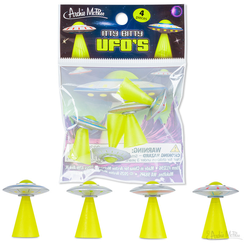 Itty Bitty UFO's Bag of 4 soft vinyl tiny flying saucers with bright yellow beams and unique designs