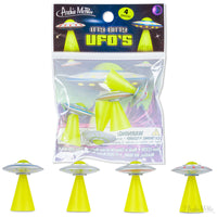 Itty Bitty UFO's Bag of 4 soft vinyl tiny flying saucers with bright yellow beams and unique designs
