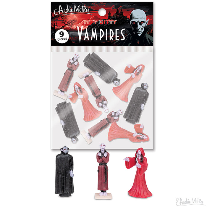 Itty Bitty Vampires product packaging featuring 9 miniature vampire figurines in red and black, with 3 larger figures displayed below. Gothic-style header with skull image and dark background showcases the product name and quantity.