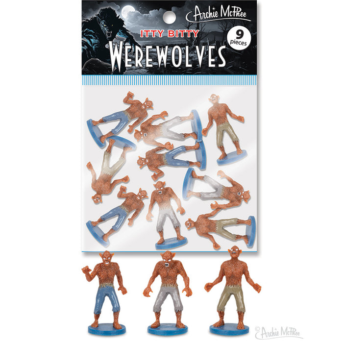 Itty Bitty Werewolves - Bag of 9 miniature vinyl figures in various poses, packaged in illustrated bag with moonlit werewolf silhouette. Product image shows small brown werewolf figurines with blue bases, perfect for collectors and Halloween enthusiasts.