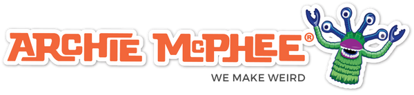 Archie McPhee logo in orange with a green and blue Finger Monster to the right and the text  "We Make Weird" below