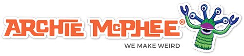 Archie McPhee logo in orange with a green and blue Finger Monster to the right and the text  "We Make Weird" below