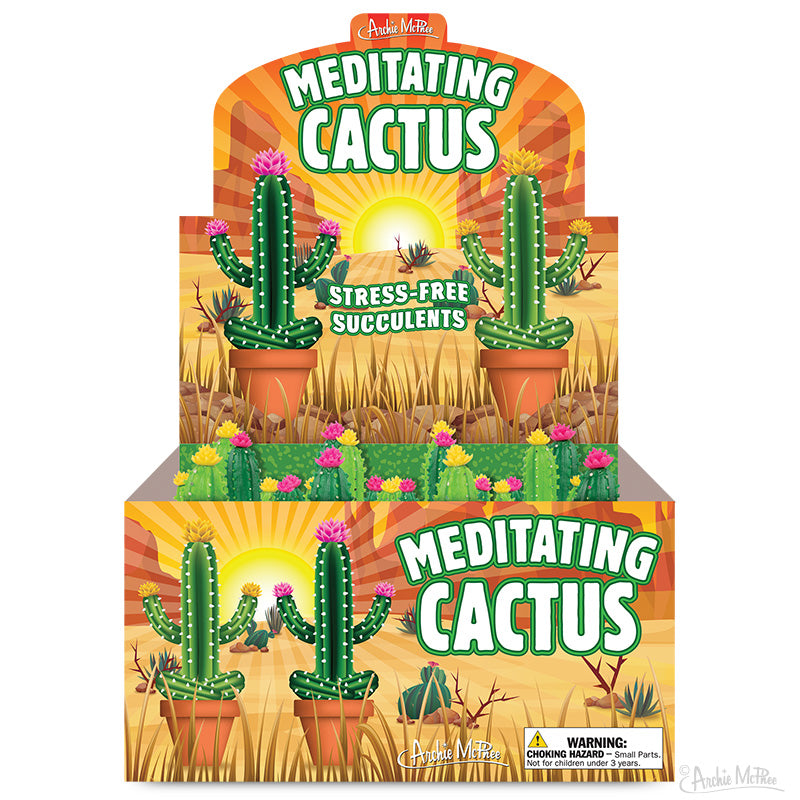 Display box showcasing the "Meditating Cactus" toys in a serene pose, highlighted with vibrant graphics and text.