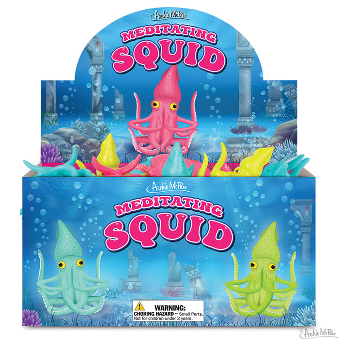 Colorful display box of Meditating Squid toys, featuring pink, blue, and green squid figurines in meditation poses, set against an underwater backdrop with ancient ruins and sea life. Product packaging shows vibrant graphics and warning label.