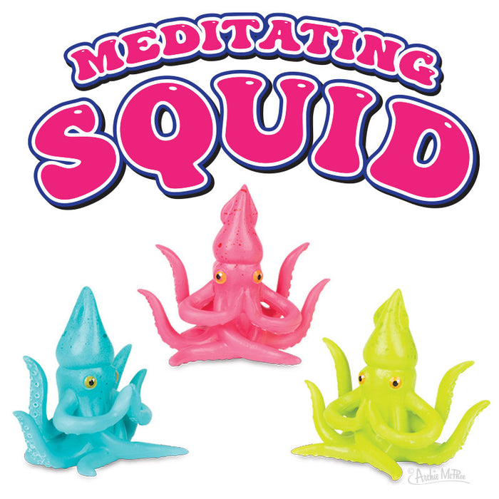 Colorful meditating squid toys in pink, blue, and green, sitting in yoga poses under bold "Meditating Squid" text logo, perfect for mindfulness enthusiasts and quirky decor lovers