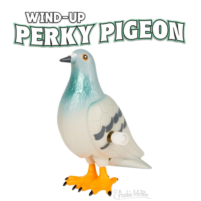 Wind-up Perky Pigeon toy with blue-green head, white body, and orange feet. Product title displayed above realistic pigeon figurine. Mechanical wind-up key visible on side. Ideal for pigeon enthusiasts seeking a clean, low-maintenance alternative to real birds.