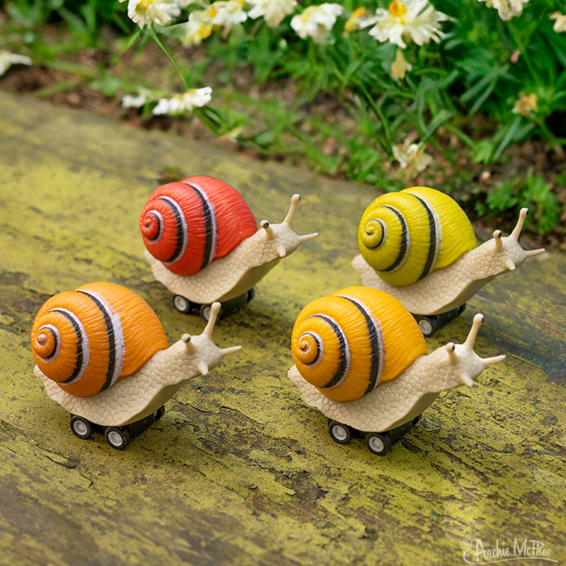 Colorful toy racing snails with wheels on mossy surface, surrounded by white flowers. Red, yellow, and orange shells. Fun, whimsical outdoor scene for children's playtime.