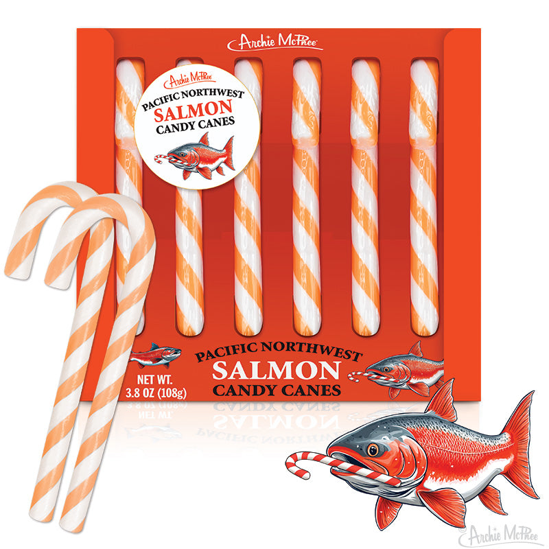 Pacific Northwest Salmon Candy Canes box with six striped orange and white candy canes and a cartoon salmon holding one in its mouth
