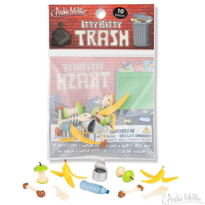 Itty Bitty Trash product packaging and contents, featuring miniature litter items like banana peels, apple cores, and a tiny trash can, perfect for adding realistic detail to miniature scenes or fairy gardens