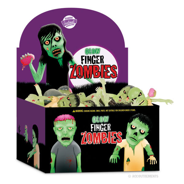 Bulk box of glow-in-the-dark zombie finger puppets with colorful packaging featuring cartoon zombie characters, perfect for Halloween parties or zombie-themed events