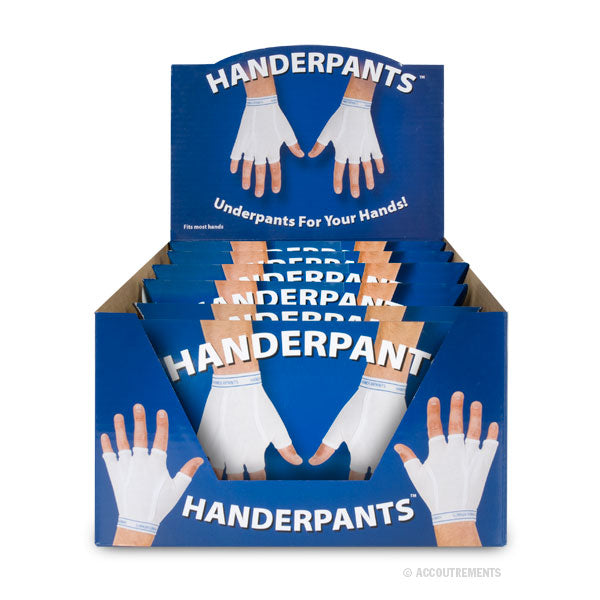 Bulk box display of Handerpants, novelty underwear for hands, showing white gloves with finger holes on blue packaging. Multiple product boxes stacked in a cardboard display case for retail or promotional use.