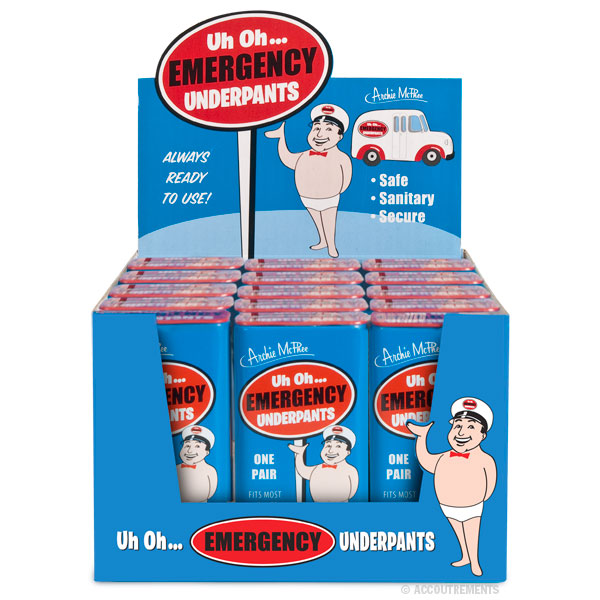 Display box of Emergency Underpants featuring cartoon character, product packaging, and promotional text highlighting safety and readiness. Blue box contains multiple individual underpants packages, ideal for bulk purchase or promotional events.