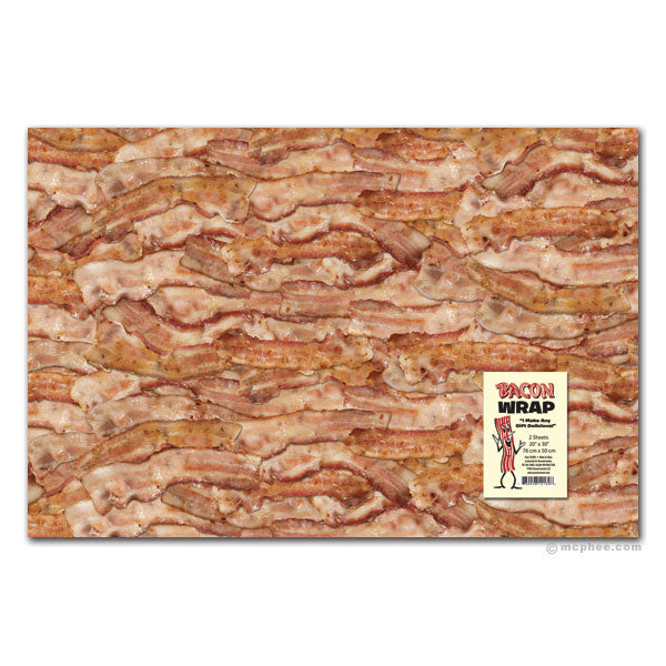 Bacon-themed gift wrap featuring realistic strips of crispy, sizzling bacon covering the entire sheet, with a small product label for 'Bacon Wrap' in the corner, perfect for meat lovers and quirky gift-giving