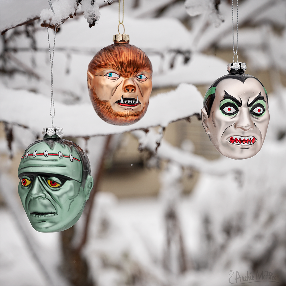 monsters christmas Set of 3 Monster Blown Glass Christmas Ornaments