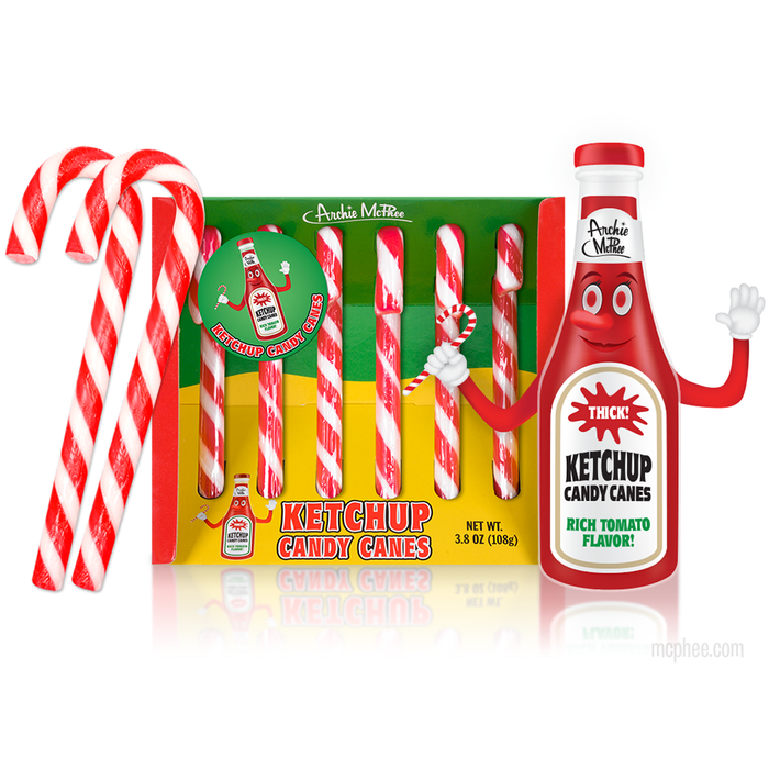 Ketchup-flavored candy canes in red and white stripes next to a festive ketchup bottle character. Box displays "Ketchup Candy Canes" with tomato flavor branding. Unique holiday treat combining Christmas tradition with unexpected condiment taste.