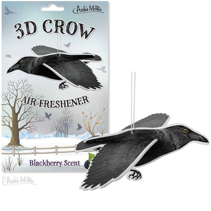 3D Crow Air Freshener packaging and product image. Cardboard box shows flying crow over winter landscape. Actual 3D crow-shaped air freshener with blackberry scent and hanging string visible next to box.