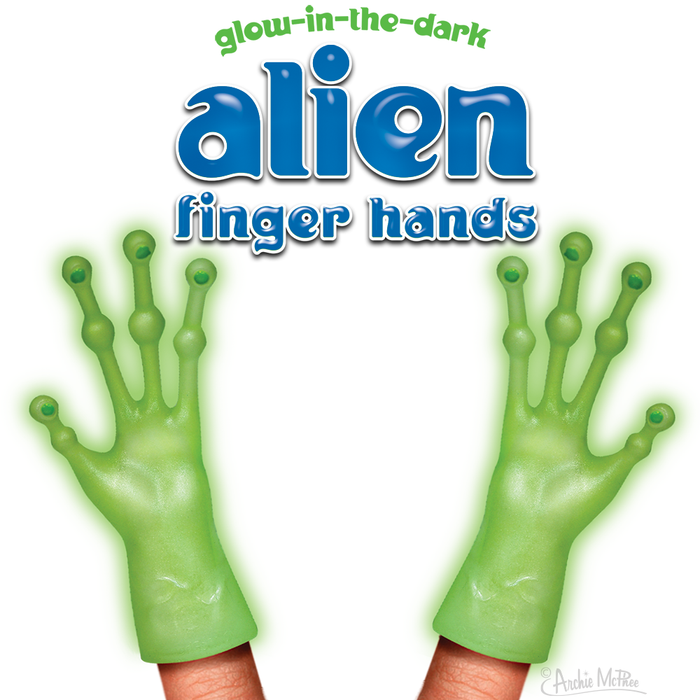 Glow-in-the-dark alien finger hands, green with elongated fingers, worn on human fingers. Text reads 'glow-in-the-dark alien finger hands' in blue and green letters.