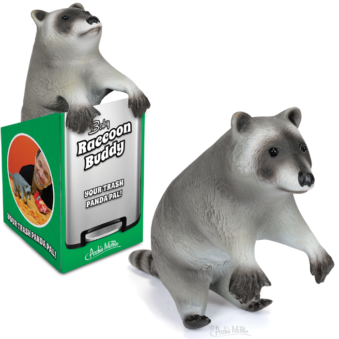 Realistic Baby Raccoon Buddy stuffed toy with posable paws and tail, shown next to product packaging featuring raccoon image and text "Your Trash Panda Pal