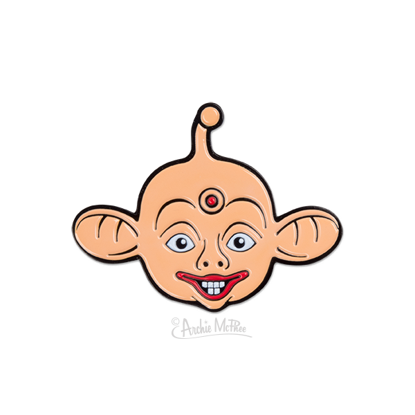 Bibo enamel pin featuring a quirky peach-colored character with large ears, three eyes, and a wide grin. Unique collectible accessory for Bibo fans.