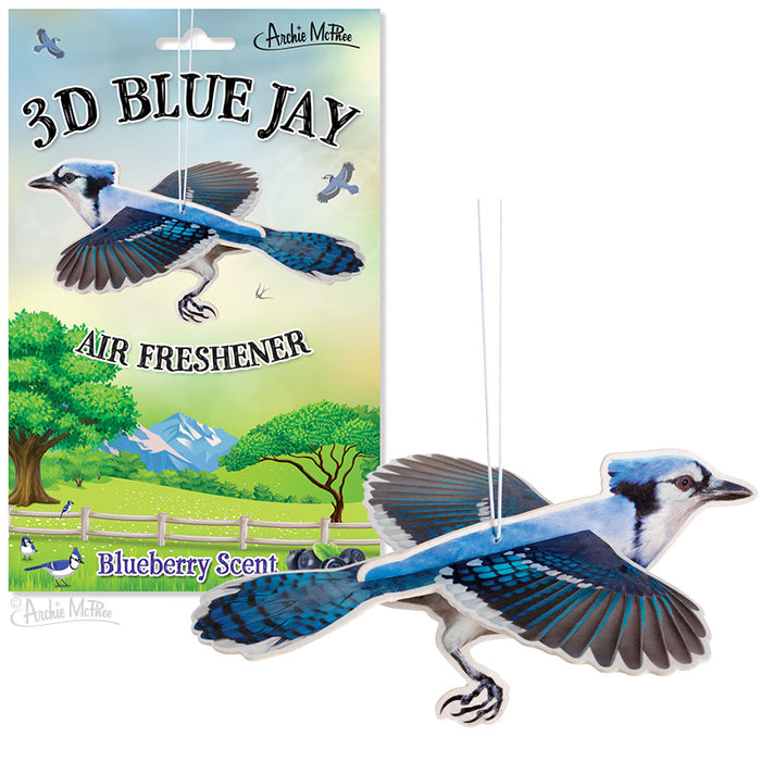 3D Blue Jay Air Freshener packaging and product display, featuring a vibrant blue jay in flight. Package shows colorful landscape backdrop. Actual air freshener is a detailed, suspended 3D blue jay model with outstretched wings. Blueberry scent advertised.