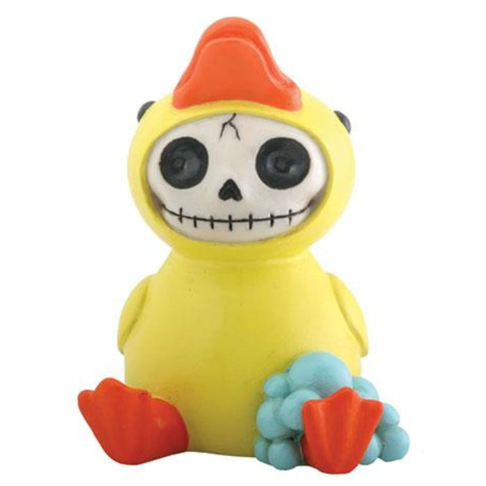 Furrybones Bob Yellow Duckie figurine, a whimsical skeleton character dressed in a bright yellow rubber duck costume with orange beak and feet, sitting next to blue bubbles, combining cute and macabre elements in a collectible design