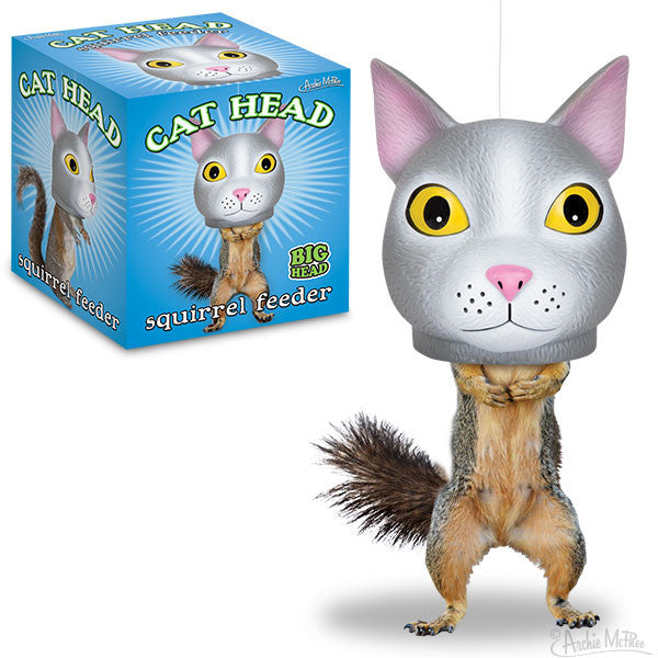 Cat Head Squirrel Feeder product image showing packaging box and feeder design, featuring a gray cat head with large yellow eyes attached to a squirrel body, creating a humorous optical illusion for outdoor feeding entertainment