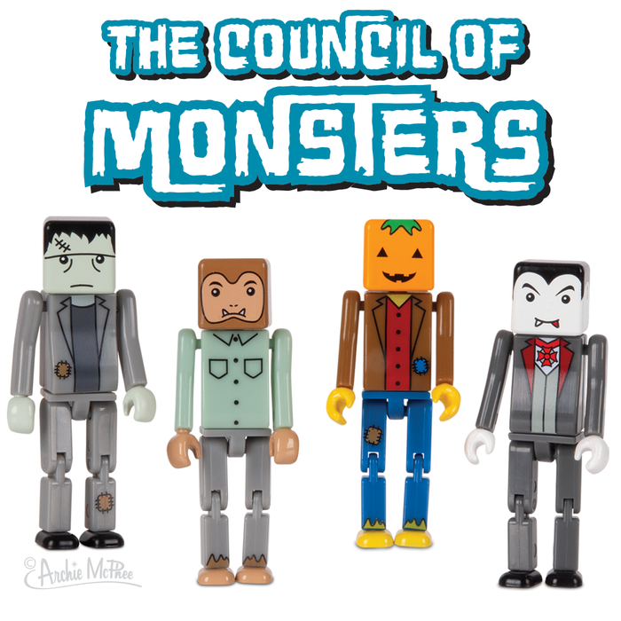 The Council of Monsters toy set featuring four posable vinyl figures: Frankenstein's monster, werewolf, pumpkin-headed character, and vampire, standing in a row beneath stylized title text.