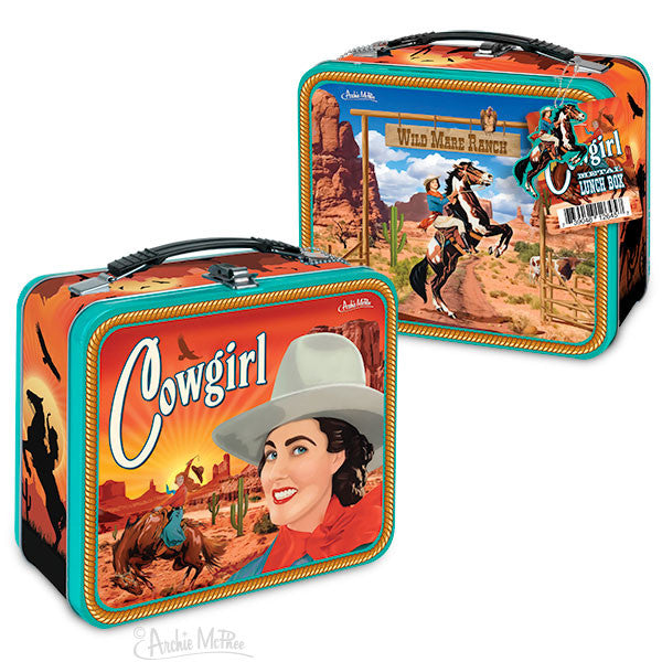 Vintage-style metal cowgirl lunchboxes featuring Western-themed artwork, desert landscapes, and rodeo scenes. Orange and teal color scheme with rope-like border details. Perfect for carrying snacks or collectible display.