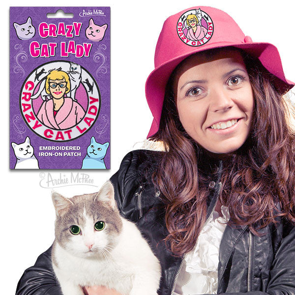 Crazy Cat Lady embroidered patch packaging and product display, featuring a woman wearing a pink hat with the patch, holding a white cat, showcasing the patch's design with cartoon cats and a blonde woman icon