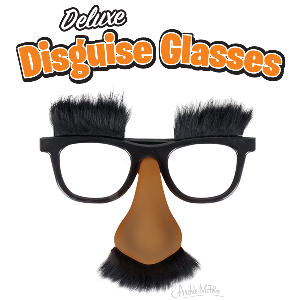 Deluxe Disguise Glasses with dark skin tone nose, thick black frames, bushy eyebrows, and fake mustache for instant costume transformation and humorous disguise