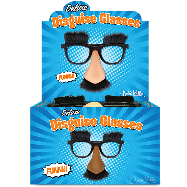 Deluxe Disguise Glasses display box featuring two cartoon faces with comical glasses, mustache, and nose. Blue background with radial stripes. Product packaging for bulk purchase of novelty costume accessories.