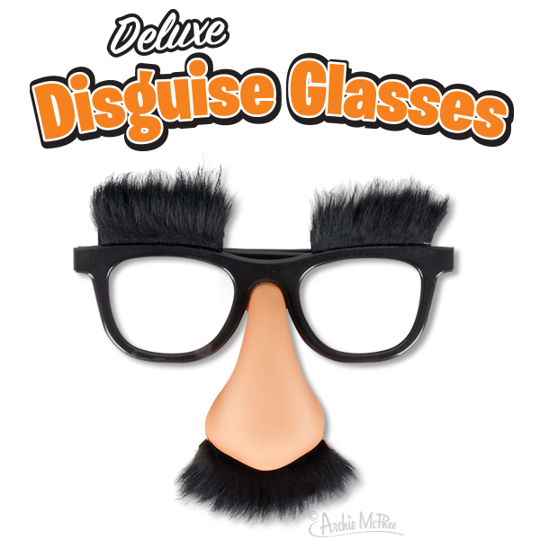 Deluxe Disguise Glasses with light skin tone nose, black frames, bushy eyebrows, and mustache attached. Product logo above in orange and white text.