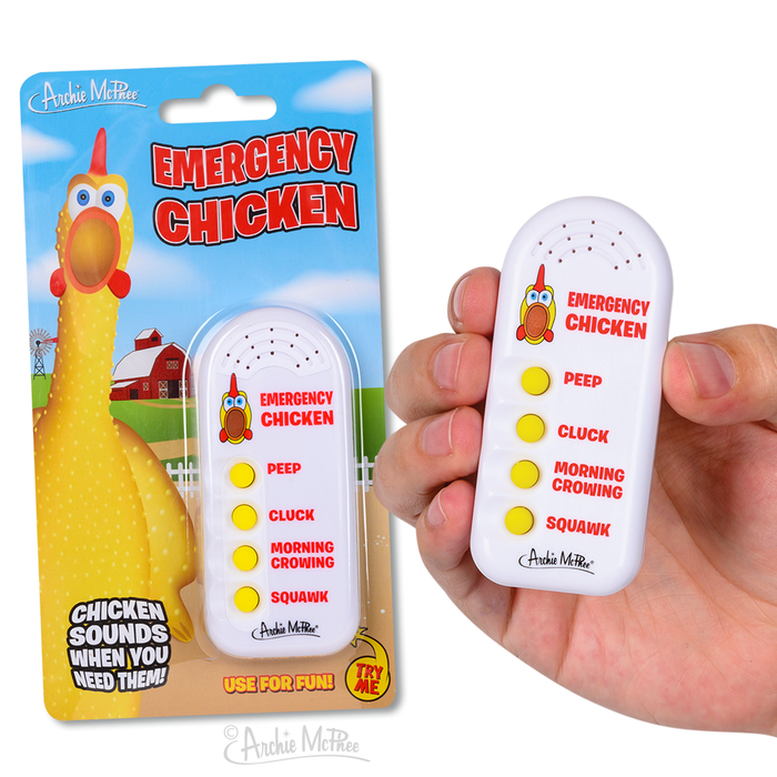 Emergency Chicken electronic noisemaker device with four sound buttons for peep, cluck, morning crowing, and squawk. Packaged product shown alongside a hand holding the white, handheld device featuring a cartoon chicken logo and colorful buttons.